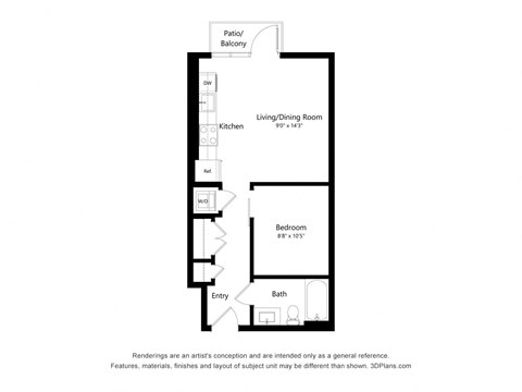 Floor plan for 1 bed, 1 bath, 521 sqft